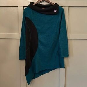 Rising International Tunic Sweater Asymmetric Teal Black Button Collar Size XXL